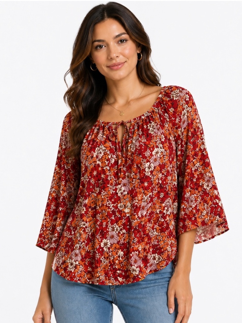 AGB Floral Rayon Peasant Blouse Boho 3/4 Sleeve Size M NWOT